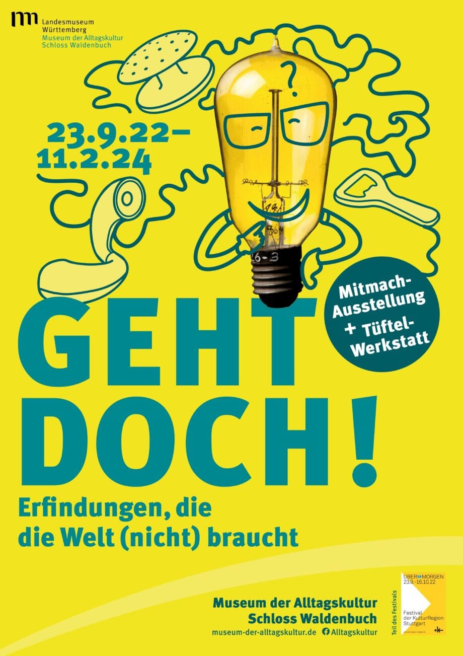 Gelbes Ausstellungsplakat. Darauf zu sehen ist eine Glühbirne mit Gesicht und Armen, die über etwas nachdenkt.